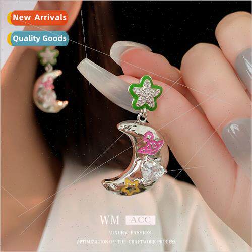 lver needle zirconia oil drop colorful star moon earrings fa
