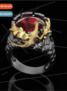 Men Europunk Gothic Rock Gold Two Tone Ruby Dragon Ring