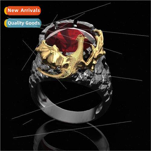 Men Europunk Gothic Rock Gold Two Tone Ruby Dragon Ring
