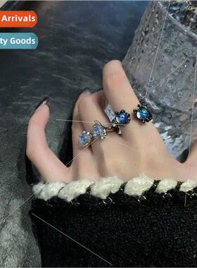 Gun Black Metal Moonstone Pair Ring che Couple Rings ins  Fe