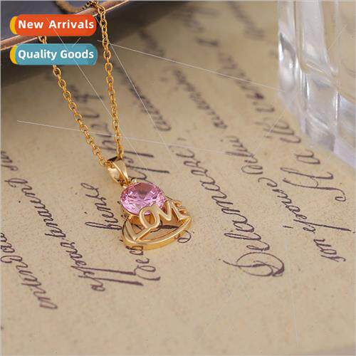 Korea pink diamond peach heart love tanium steel necklace fe