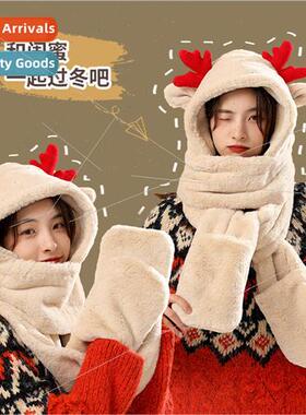 Christmas elk hat scarf gloves all-in-one female winter cute