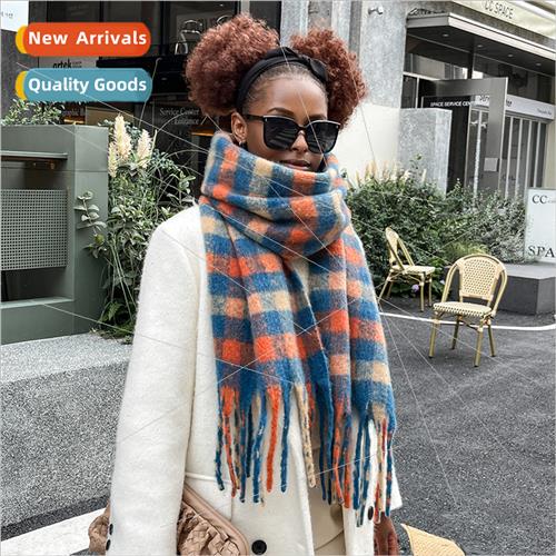 Small lattice mohair scarf women autumn winter thickened lon