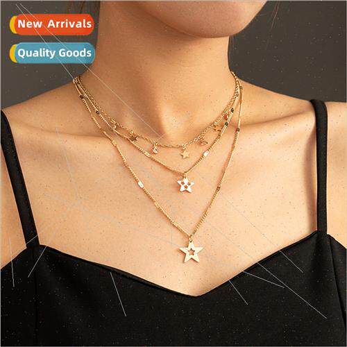 Vintage Multi-Layered Pentagram Moon Pendant Necklace适用Wom