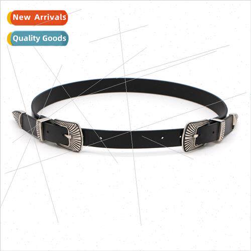 Europe women belt versatile carved vintage double buckle hea