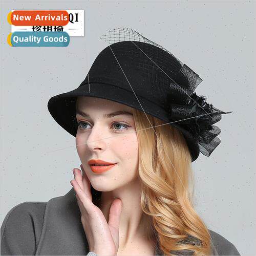 autumn winter fashion gauze net feather big flower hat ladie