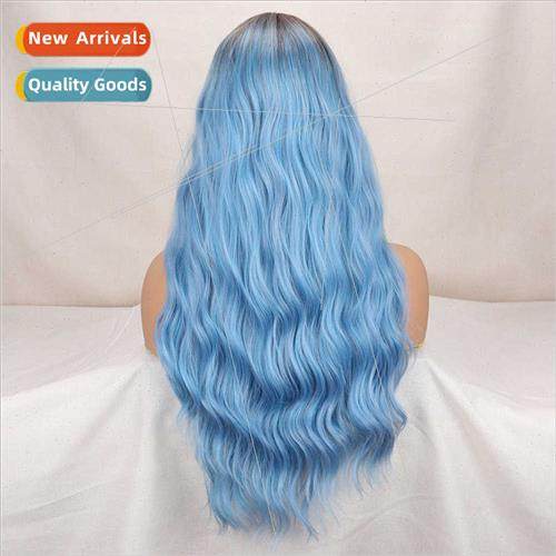 Europe fashion wig blue black gradient bangs long wool curly