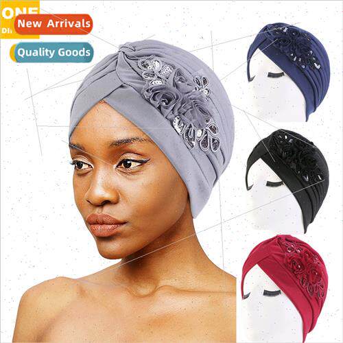 Women Sequin Flower Turban Wrap Hat Pleated Indian Hat Solid
