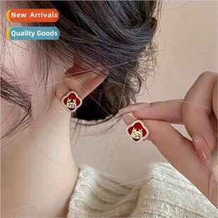 Red 925 silver pin earrings ethnic wind Zodiac earrings fema