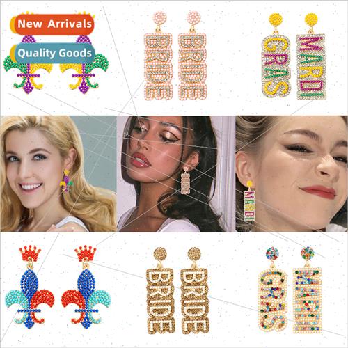new Mardi Gras Day Earrings Tricolor Diamond Rice Beads Alph