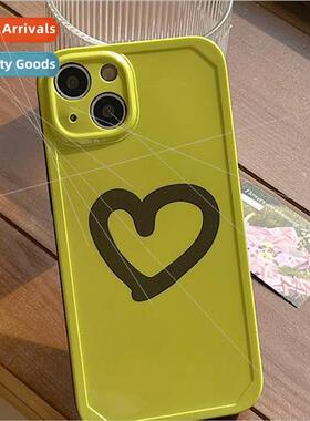 INS mustard green black love 适用 iPhone 12/13 phone case Ap