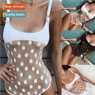 Polka Dot One Bikini Swimsu Mesh Piece Womens Back