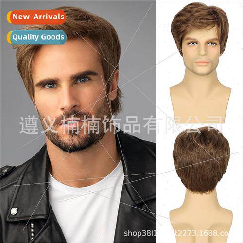 Wigs Europe Men Chemical Fiber Wigs Short Curly Brown Parted