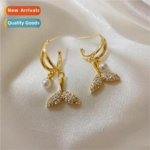 Korea retro cold silver fishtail needle pearl S925 zircon