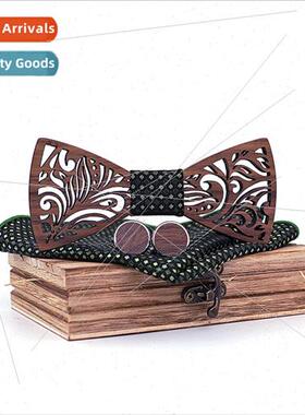 T205 Korea Polyester Square Scarf Cufflinks Wooden Bow Tie B