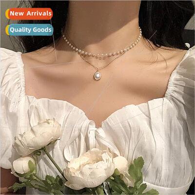 ins super fairy niche double layer pearl pendant necklace fe