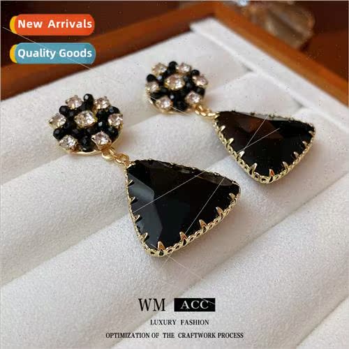 lver needle wh diamonds black triangle crystal earrings Fren
