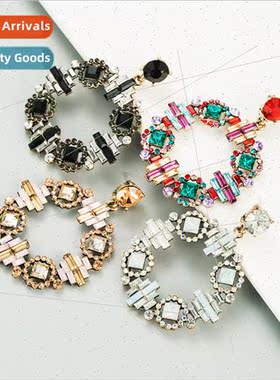 Creative round ladies earrings alloy colorful rhinestones Eu