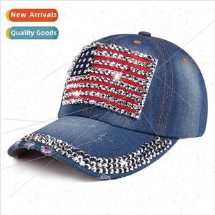 Rhinestone Flag Baseball Cap Casual Soft Top Shade Cowboy H