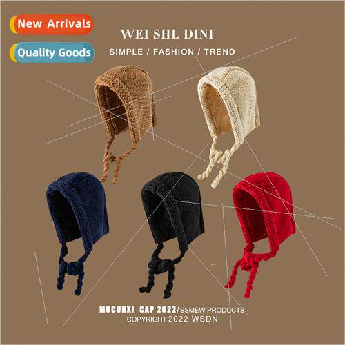 2023 new cute ltle red cap female fall winter knted wool tie