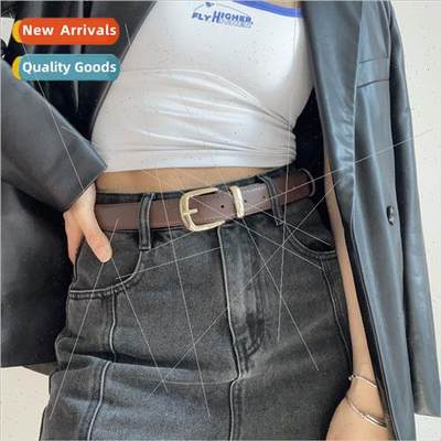 Brown wide edge metal buckle belt ladies Korean ins fashion