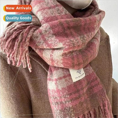Korean atmosphere sense plaid scarf female dry rose pink whe