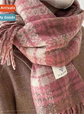 Korean atmosphere sense plaid scarf female dry rose pink whe