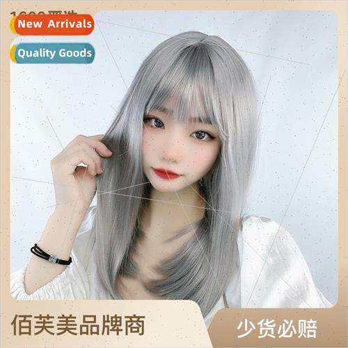 Grandma gray wig female medium long hair air bangs lola long