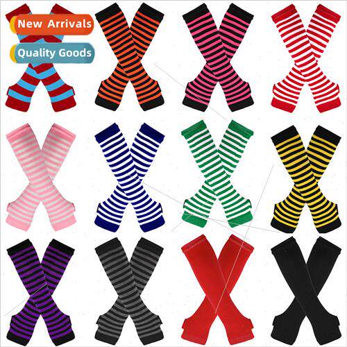 Korea long gloves arm cover cospla anime black whe stripes f