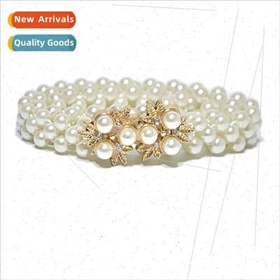 Women rhinestone inlaid flower elastic pearl waist chain swe