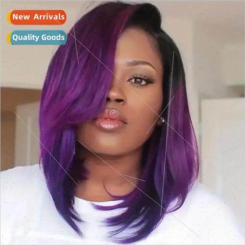 Europe Women Wigs Black Purple Gradient Medium Parting o Hea