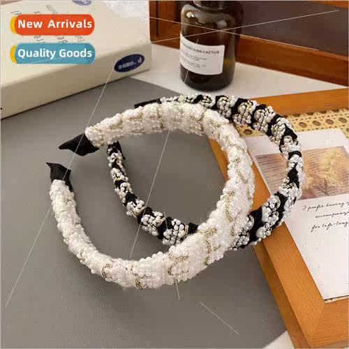 Korea new French beaded wide edge hair bands braided pearl a
