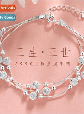 New 999 lver Three ves Bracelet Women Carrying Beads Birthda