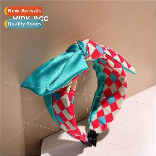 retro ins aqua blue satin diamond grid hair band fashion age