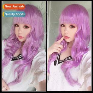 Pink purple long curly hair wig female high temperature wire