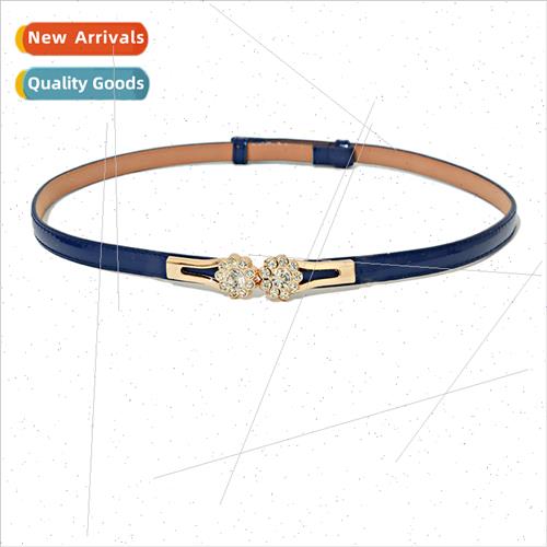 Women rhinestone inlaid flowers pair buckle thin belt fashio