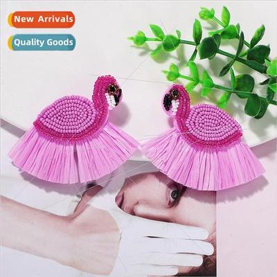 Exotic Bohemian Ethnic Raffia Tassel Earrings Handmade Rice