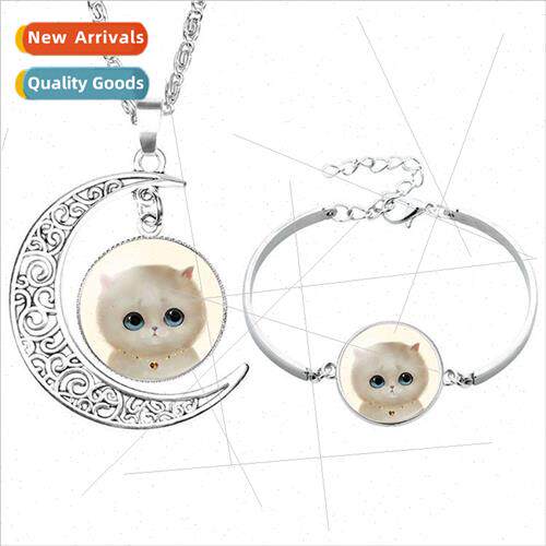 Cute Cartoon Cat Necklace Bracelet Time Gemstone Set of 2