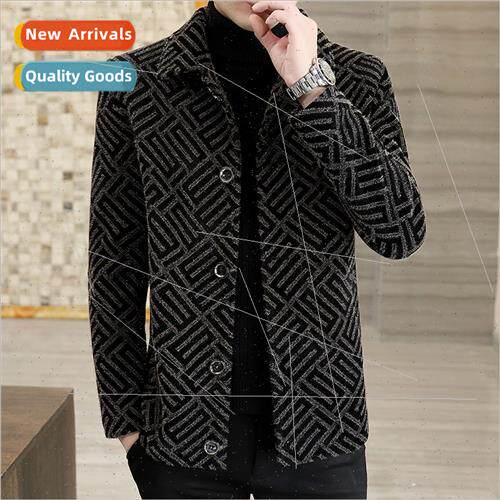 Men thickened wool coat youth Slim gold sable velvet lapel h
