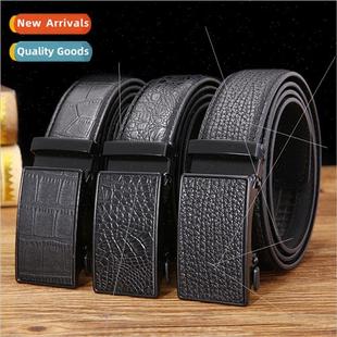 Men belts crocodile grain bark automatic applique leather bu