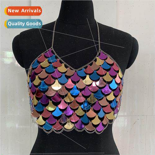 Europe Solid Color Hanging Neck Scale Vest Handmade Sexy Bac