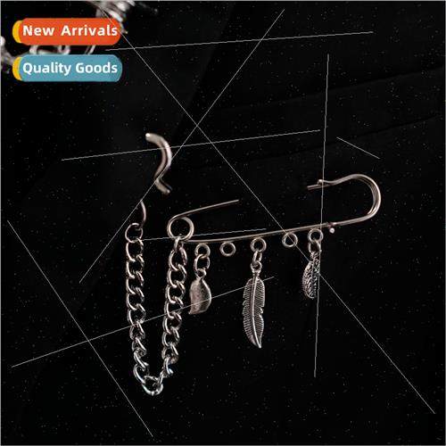 INS tide  super cool retro hollow feather chain pin brooch d