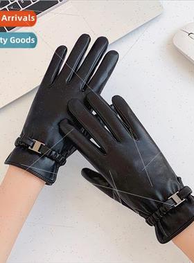 Leather gloves women winter Korean bow bow thickened warm wi