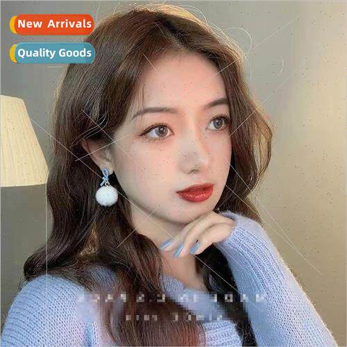 S925 silver blue whe fresh earrings asymmetric hairball earr