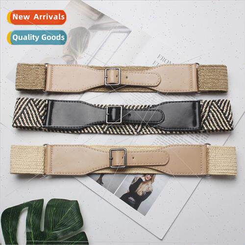 Beach Fashion Grass Weaving Patchwork Leather Elastic Waistb