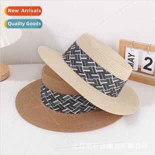 New diagonal plaid webbing flat top straw hat party outing e