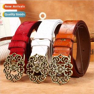 ladies belt printed Carved cowhide buckle women leath smooth