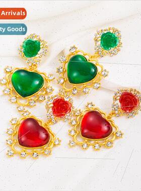 Medieval atmosphere love heart ruby rose flower earrings Eur