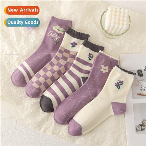 Lavender purple lace socks womens mid-calf socks high value