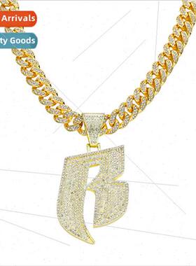 Europe hip-hop full diamond letter B pendant necklace men pu